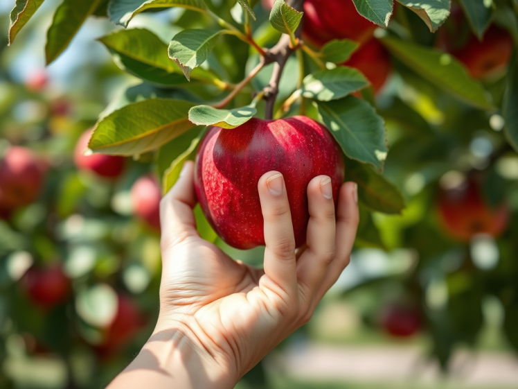 A hand plucking an apple from a tree, depicting low hanging fruit
