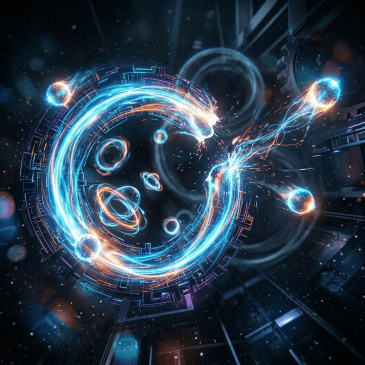 Bright blue and orange neon energy streams colliding to form a circular ring with sparks